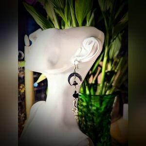 Elegant Black Obsidian and Silver Snake And Moon Earrings